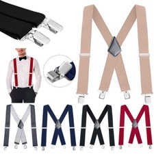 Mens Solid Color Regular X-Back Clip On Suspenders Adjustable Formal Dress Tux