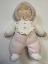 Vintage EDEN Plush Terry Cloth Baby Doll Pink White Flower Bib Pink Bonnet