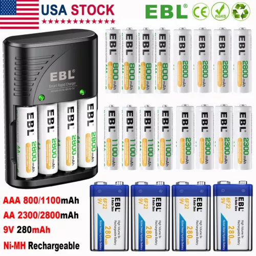 Lot EBL 9V Batteries AAA AA Ni-MH Rechargeable 1.2V /4 Bay Battery Charger