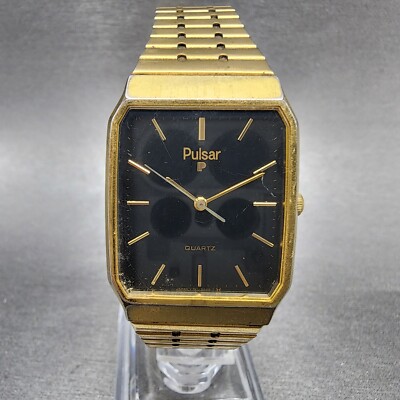 Pulsar Tank Watch Men 28mm Black Dial Gold Tone Rectangle 