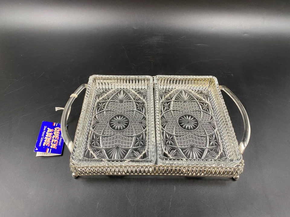 Antipastiera Salsiera cristallo molato metallo argentato 2 scomparti QUEEN ANNA - Immagine 2 di 4