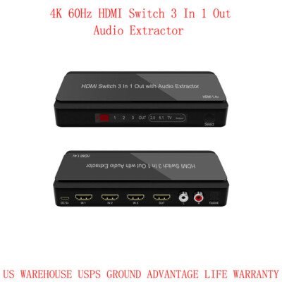 HDMI Switch 3 In 1 Out with Audio Extractor  4K 60Hz Audio Selector Switcher