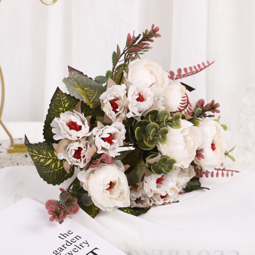Ramo de boda nupcial blanco flor falsa seda artificial rosas peonía decoración del hogar☋ - Imagen 12 de 23