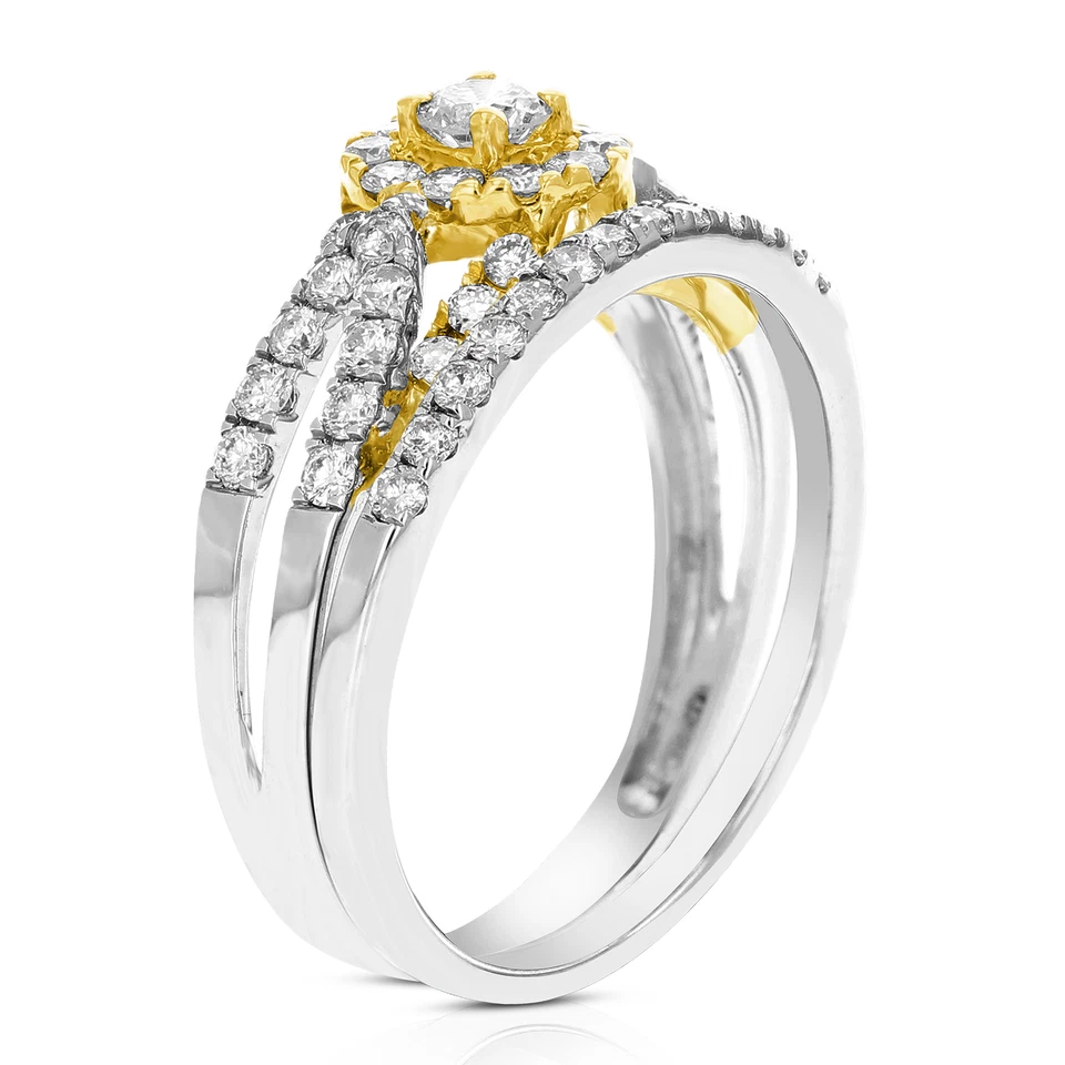 7/8 ct Diamond Wedding Ring Bridal Set for Women 14K White and Yellow Gold Round - Image 3 of 4