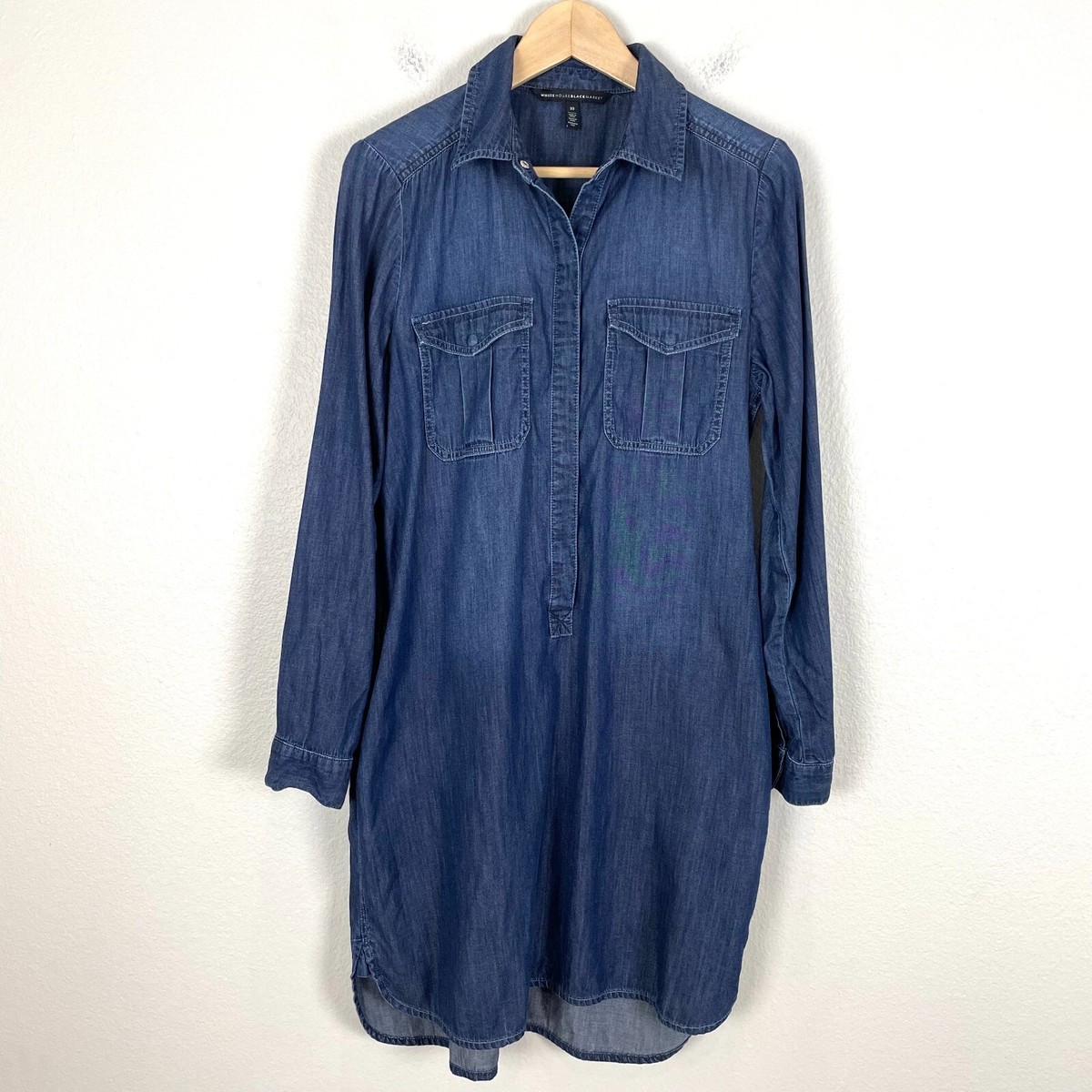 White House Black Market Womens 10 Blue Chambray Shirt Dress Long Sleeve Pockets White House Black Market Womens 10 Blue Chambray Shirt Dress Long Sleeve Pockets