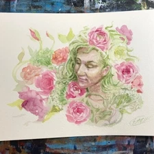 Floral Woman Original Painting Watercolor Portrait Art Rose Botanical Artettina