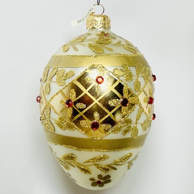 4.75  Jeweled Glass Egg Ornaments Pearl White Red Gold Poland *NWT*VTG*2 AVAIL*