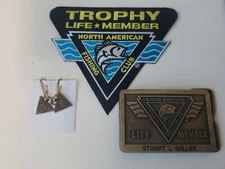 North American Fishing Club Lot- Patch,  Zipper Pulls, Belt Buckle