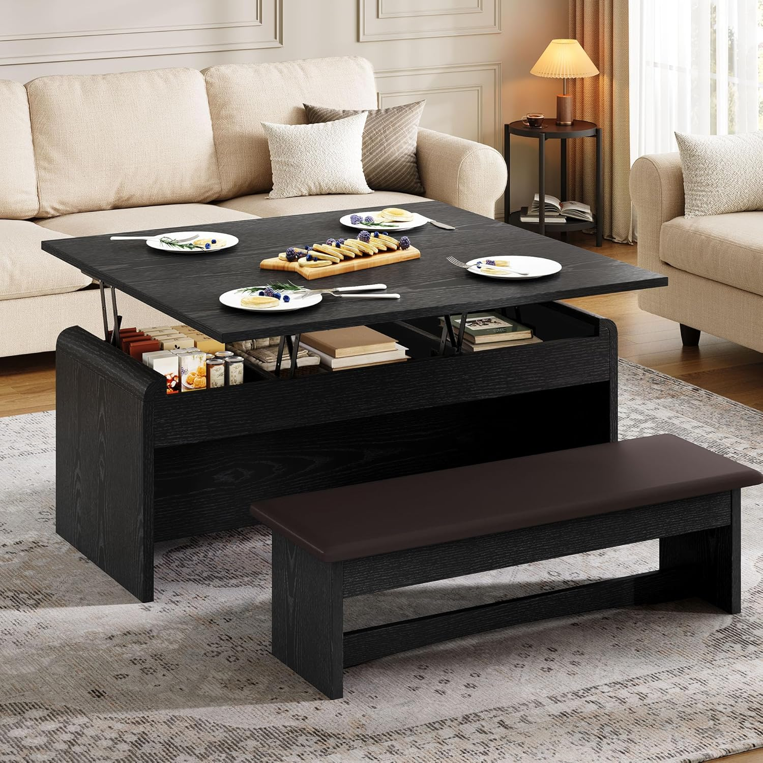 Coffee Table Lift Top, 40 Inch Multi-Function Coffee Tables Set with Bench and H-image
