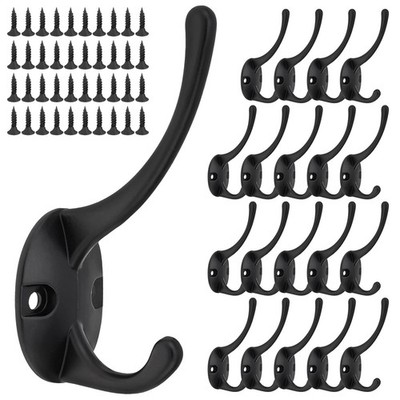 20 PCS Heavy Duty Double Wall Hook Hanging Coat Mount 40 Screws Black Hanger