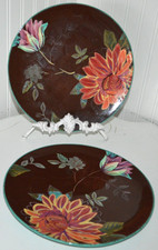 TRACY PORTER VIVRE DINNER PLATES Set of 2 BROWN FLORALS ORANGE TEAL PINK 11