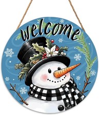 Welcome Winter Sign for Front Door Decor Snowman Blue Black White Snowman