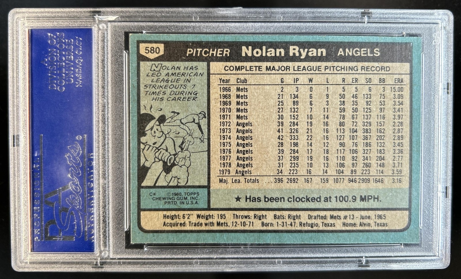 1980 Topps Nolan Ryan All-Star #580 Angels PSA 9 view 2