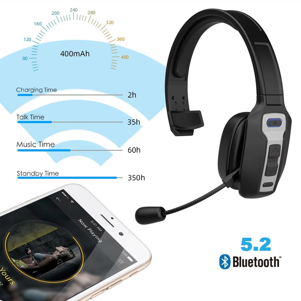Trucker Bluetooth 5.2 Wireless Headset With Noise Cancelling Mic For Phones PC - Image 4 of 4