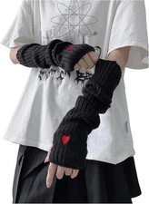 Women Y2K Knit Arm Warmers Heart Fingerless Gloves Long Sleeve Fashion Cozy