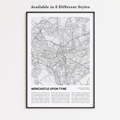 Newcastle upon Tyne Map Print, England Travel Poster, Modern Map, Wall Decor Art