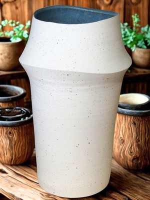 Große rustikale Keramik Vase weiß strukturiert Wohndeko Smaragd Pool 34x21cm -P1