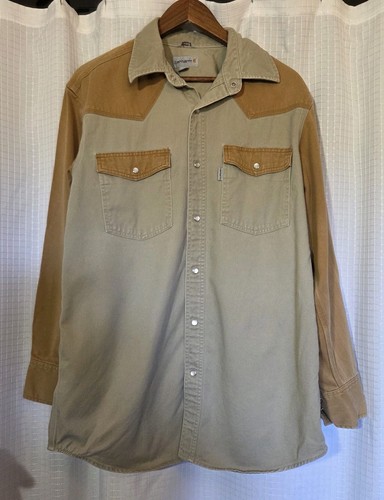 Carhartt, CARHARTT Pearl Snap Canvas Work Shirt Western Mens Size Large Vintage