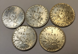 Lot 5 pièces 1 Franc Semeuse Argent 1915 à 1919 France Anciennes Monnaies