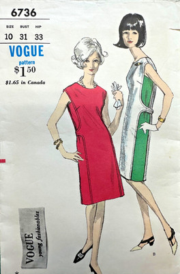 1960s VOGUE Pattern Colorblock Slim Dress Side Panel Detail VOGUE 6736 Sz10 B31