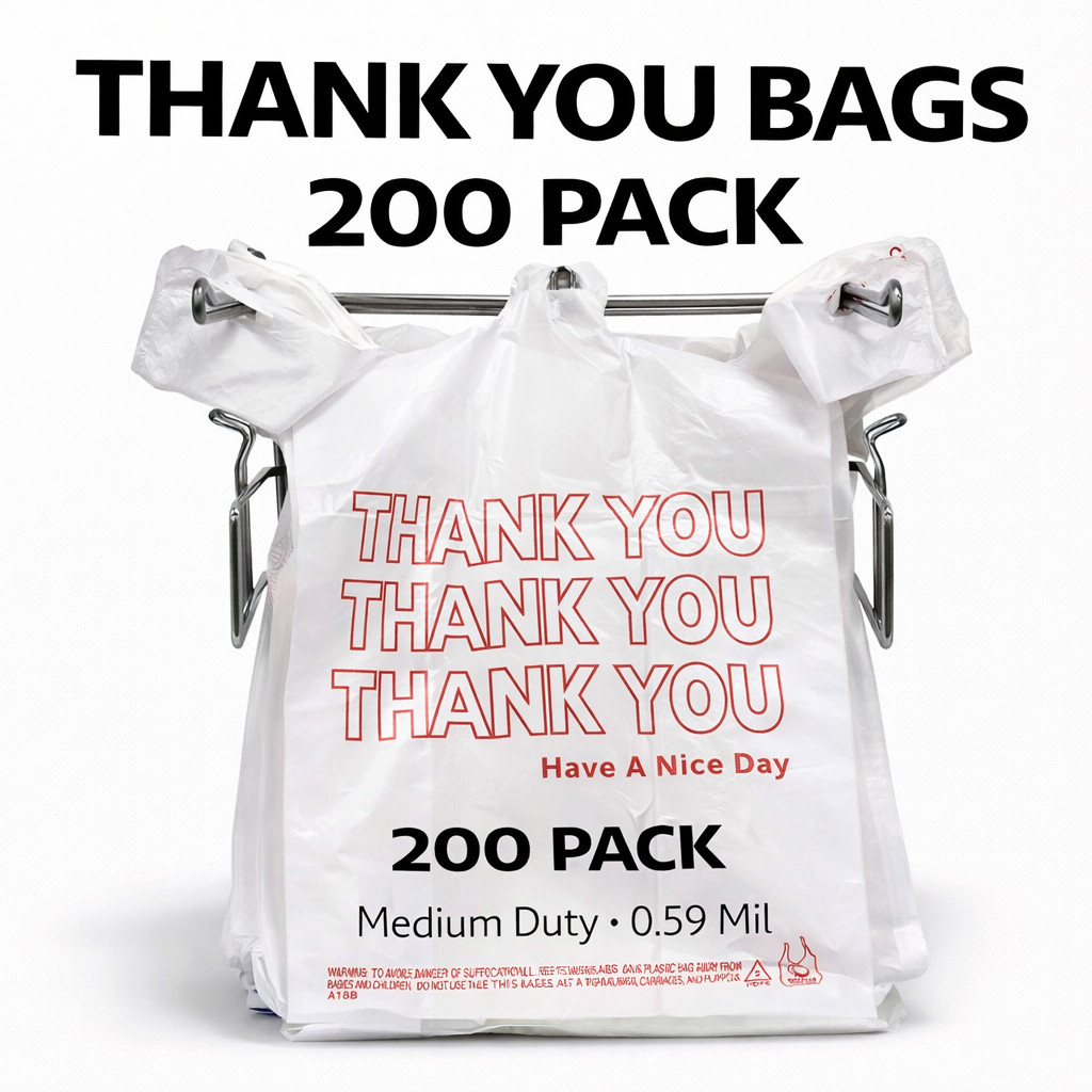200 Thank You T-Shirt Grocery Bags 1/6 Size Carryout Plastic Bags Medium Duty