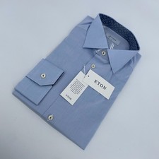 Eton Dress Shirt Mens L 16 1/2 - 42 Blue Twill Slim Fit Formal Collar Button Up