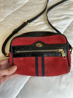 Gucci Ophidia Red Suede Mini Crossbody GG Logo Leather Trim - Authentic Gucci
