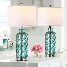 Cottage Nautical Accent Table Lamp Set of 2, Touch Coastal Blue Green Glass R...