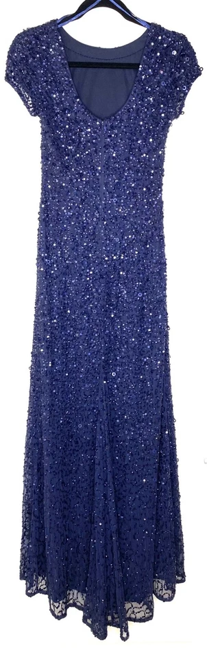 ADRIANNA PAPELL Navy Blue Sequin Embellished Beaded Maxi Gown Dress w/ Train 0P - Image 4 of 4