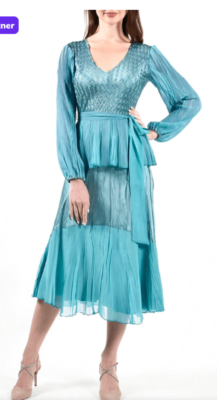light blue satin dress long sleeve Catherine Baby-Blue Asymmetrical Pleated Long-Sleeve Maxi Dress
