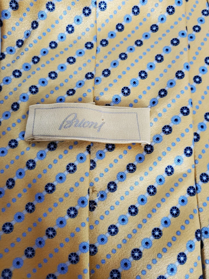 BRIONI Men Neck Tie Yellow Geometric Handmade Italy Silk 60" - Image 4 of 4