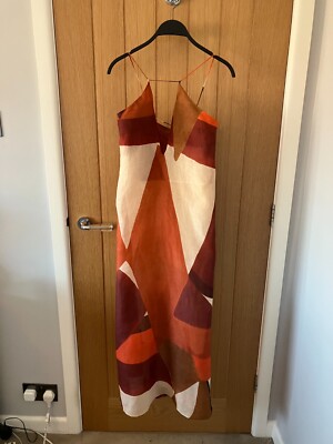 BNWT Massimo Dutti Orange Ramie Midi Dress with Geometric Print 14/42 |  eBay UK