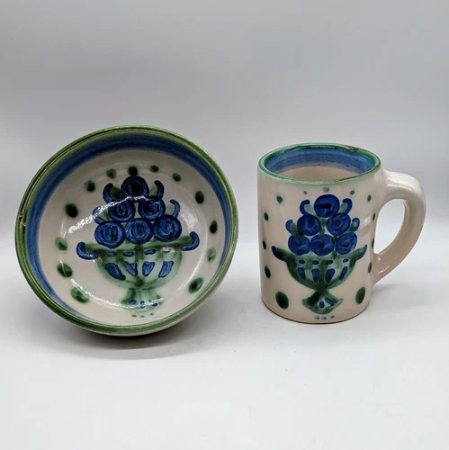 M.A. Hadley Studio Pottery Blueberry Bouquet Mug (see hairline crack) & Bowl