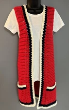 Vintage Small Women’s Red Crochet Long Line Waistcoat Vest Sweater Granny Core