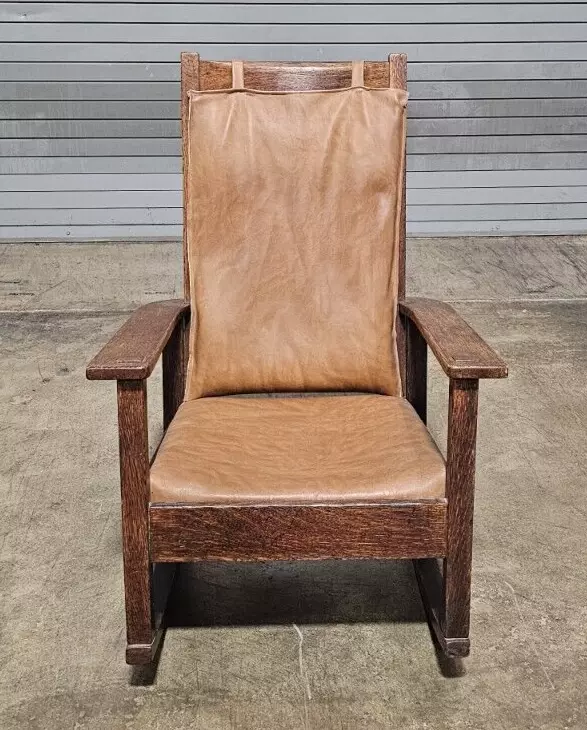 Stickley Bros дуб миссии стиль кресло-качалка коричневый кожаный/искусственной кожи чехол - Изображение 2 из 4