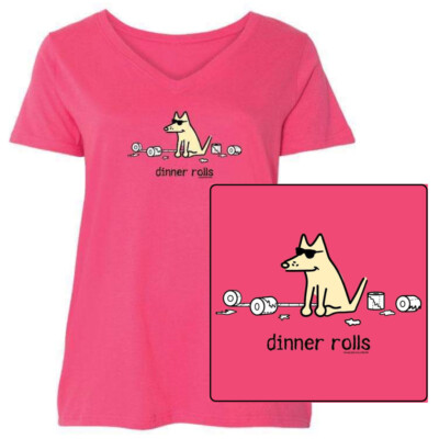Teddy the Dog Ladies T Shirt Dinner Rolls Curvy V Neck Tee Toilet Paper Ltd Ed