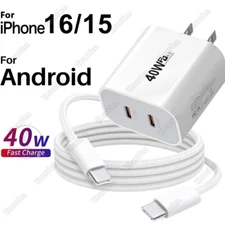 For iPhone 15 16 Pro Max Android 40W Dual USB-C Fast Charger Block Type-C Cable