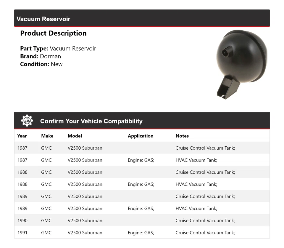 Для 1987-1991 GMC V2500 Suburban Dorman вакуумный резервуар 1988 1989 1990 - Изображение 2 из 4