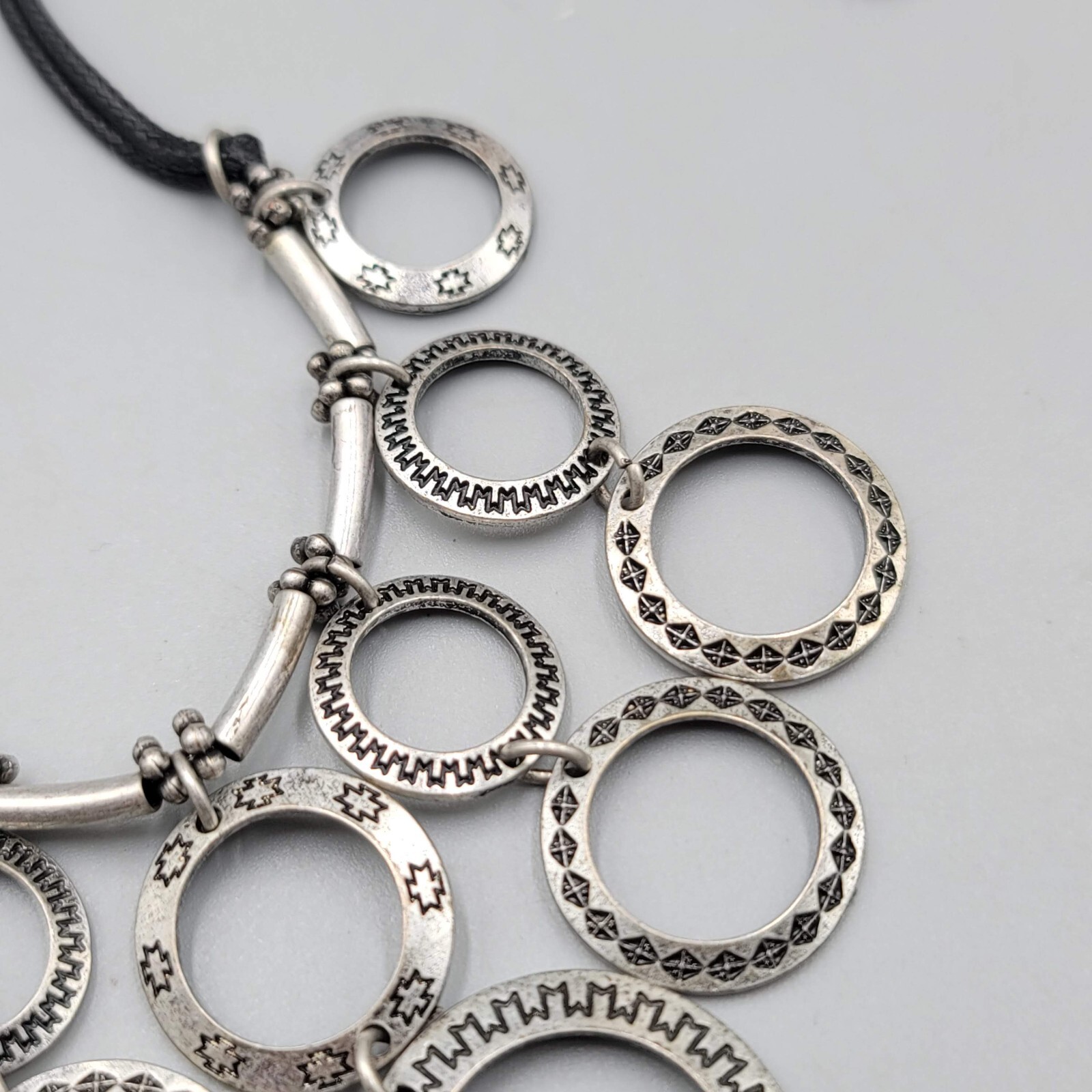 Multiple Open Rings Necklace Embossed Silver tone… - image 4