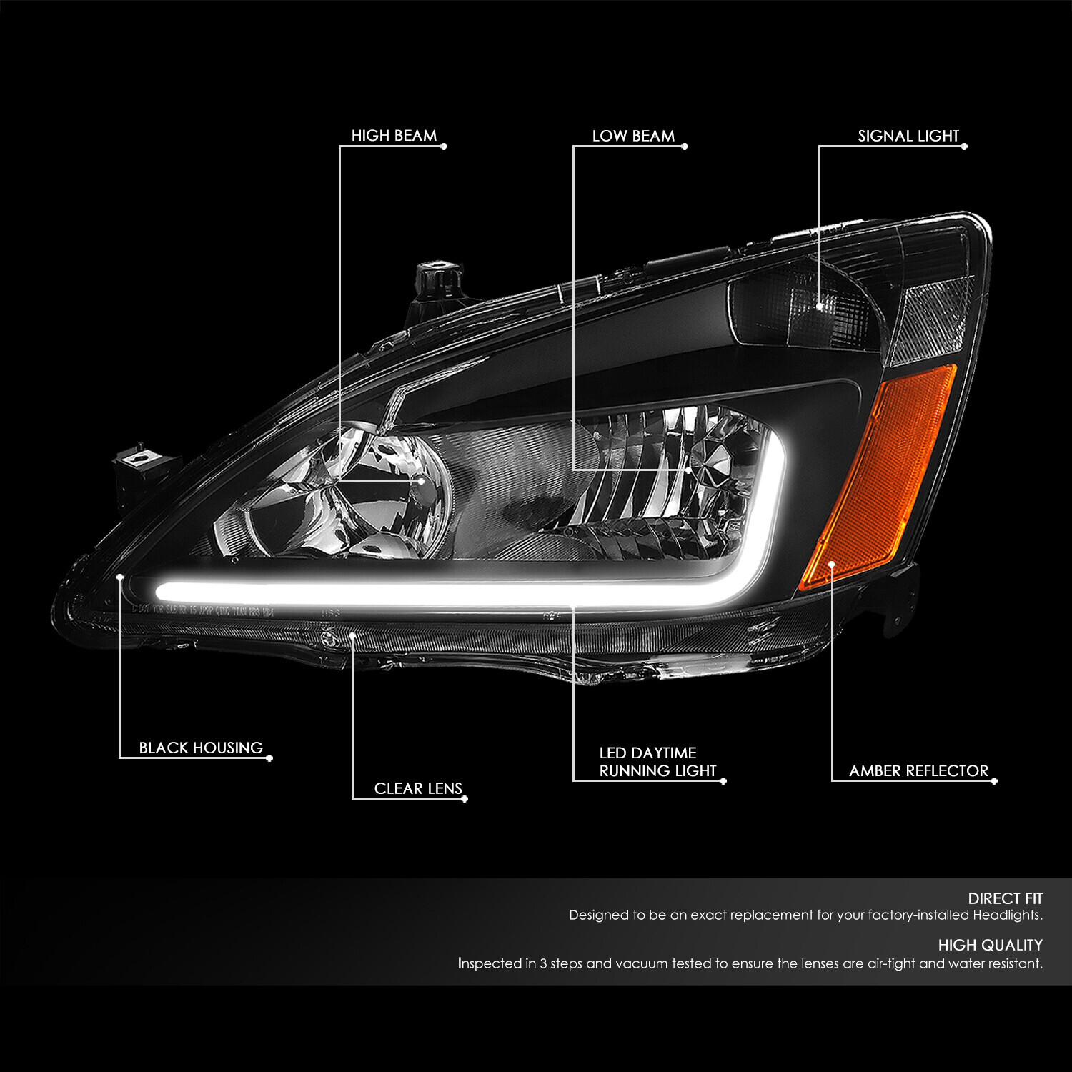 Smoked LED Headlights With Amber Side Markers For 2003-2007 Honda Accord – DRL Style, Chrome Housing