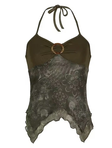 Women Y2K Khaki Lace Halter Top Cami Vest Vintage - Picture 3 of 6