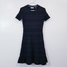 Sandro Paris Women sz 8 Black Knit Crochet A-Line Dress Ruffle Hem Short Sleeves