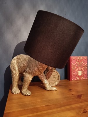 Vintage Stil Silber Bär Tischlampe | Schwarzer Stoffschirm | Groß 44 cm Resin Sta