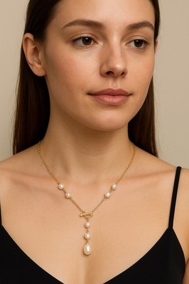 14K Gelbgold Herz Pfeil Knebel Perle Anhänger Kette Bahnhof Halskette Nachlass