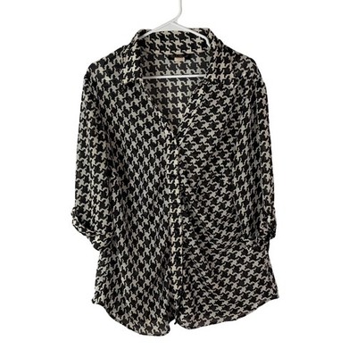 Ashley Stewart Houndstooth Button Down Blouse Black White Roll Tab Sleeve 16