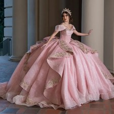 Glittering Pink Quinceanera Dressed With Bow Gold Flower Birthday Party Sweet 16