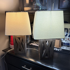Set of 2 Wood Table Lamps X-Pattern Base Beige Rectangular Fabric Shades 18in