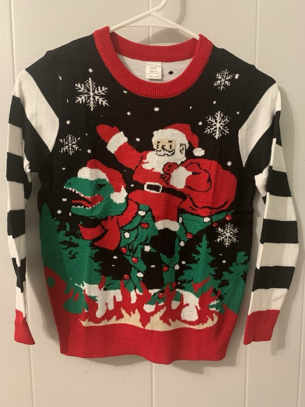 NWOT boy/girl Christmas Santa Claus Dinosaur Pullover Sweater S Black Red