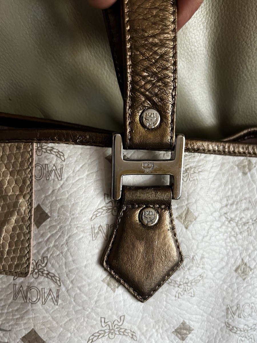 Authentic MCM Visetos White / Gold Leather Princess Lion