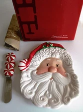 Fitz and Floyd Peppermint Santa 2008 Snack Plate and Spreader Cheese Ball Plate